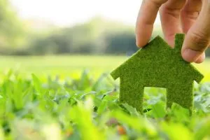 a cardboard cutout of a home on green grass