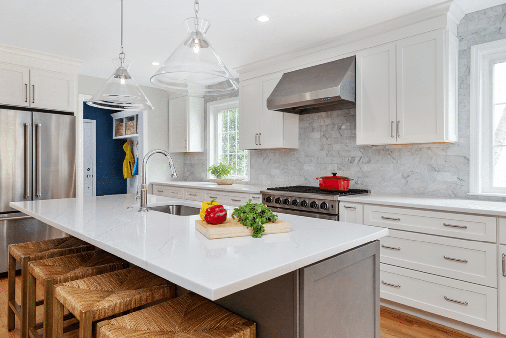 The kitchen island and adjoining mudroom