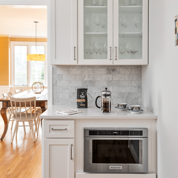 white cabinet coffee bar and microwave, kitchen renovation, md