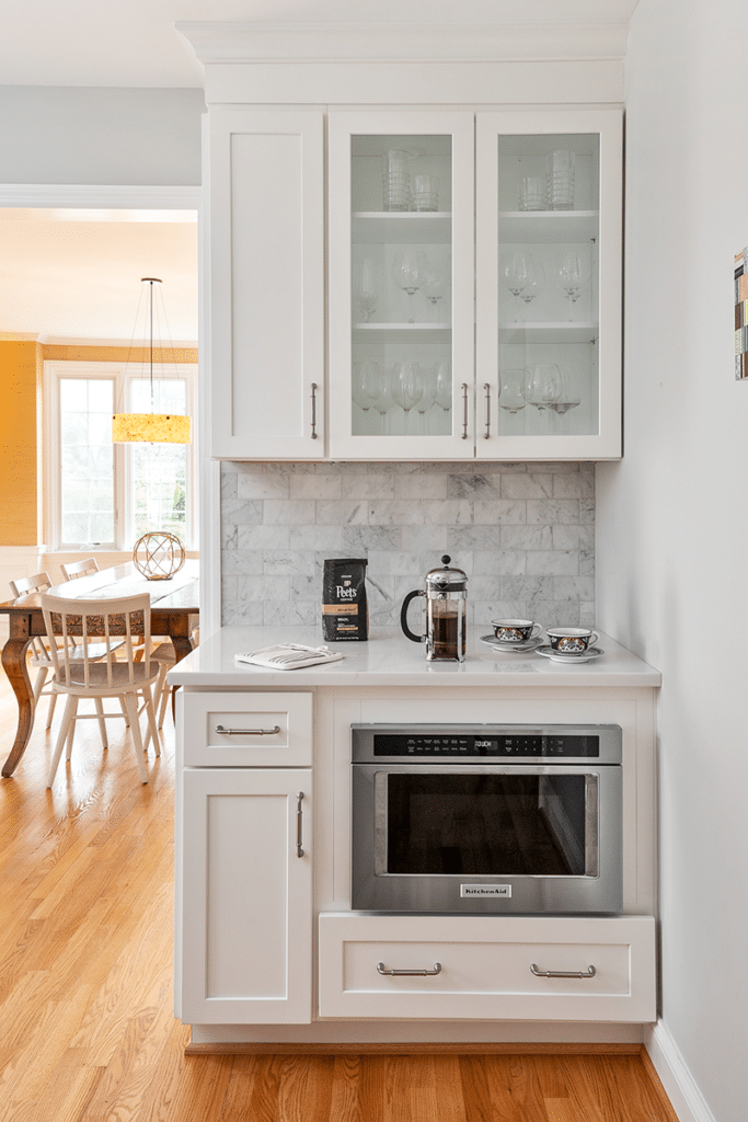 white cabinet coffee bar and microwave, kitchen renovation, md
