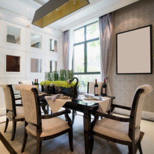 custom built ins and AV in multi-functional dining room