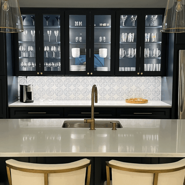 custom blue kitchen with backlit cabinetry