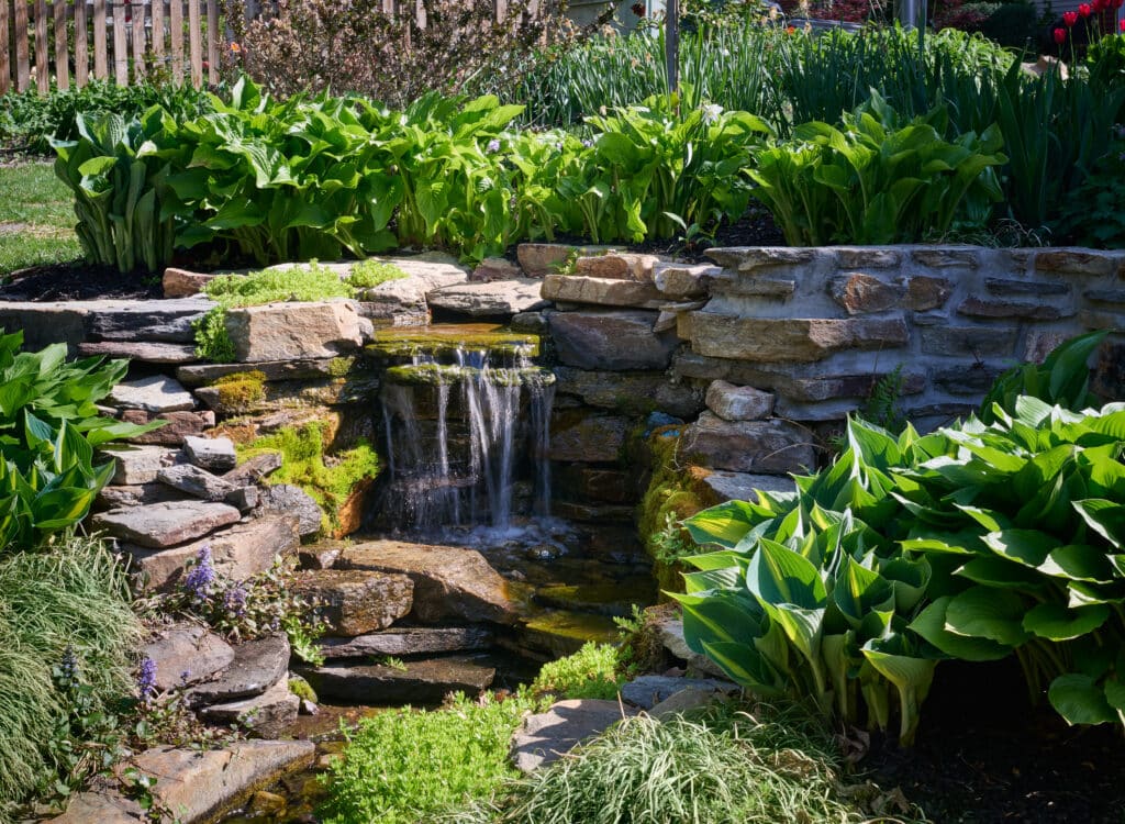 home addition in towson overlooking pond with waterfall