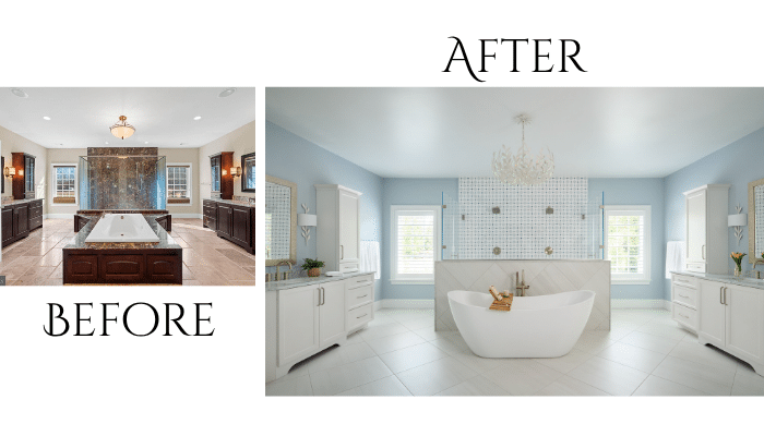 before and after photos of remodeling cherry bath to coastal bath, greenspring valley md