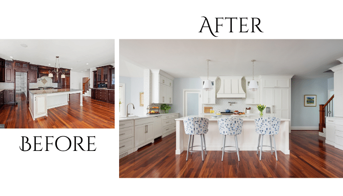 before and after photos of kitchen remodel cherry kitchen to coastal kitchen, greenspring valley md